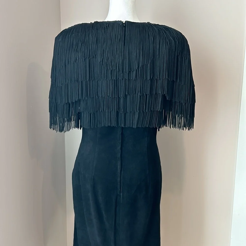 1980's Vintage Pia Rucci Flapper Fringe Suede Sheath Dress Statement Shoulders - Picture 8 of 14